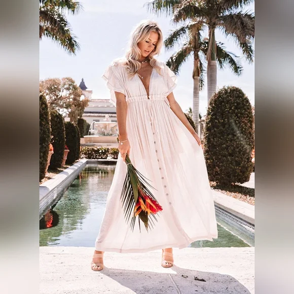 New Flowy Plunge Maxi Gauze Cover Up Dress Summer White